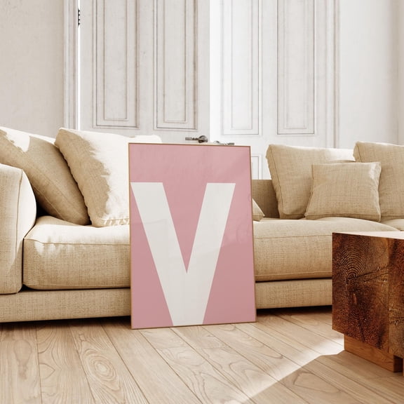 Initial V Print Pink Bold Alphabet Single Big Monogram Minimal Letter Wall Art