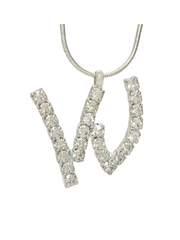 Initial "W" Crystal Rhinestone Pave Pendant Necklace Silver Tone Ladies Adult Female Women