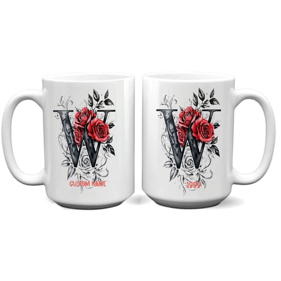 Initial 'W' Monogrammed Coffee Mug for Women - Personalized Name Cup 11oz 15oz, Ideal for Office, Kitchen, Daily Use, Mother’s Day, Father’s Day, Birthday
