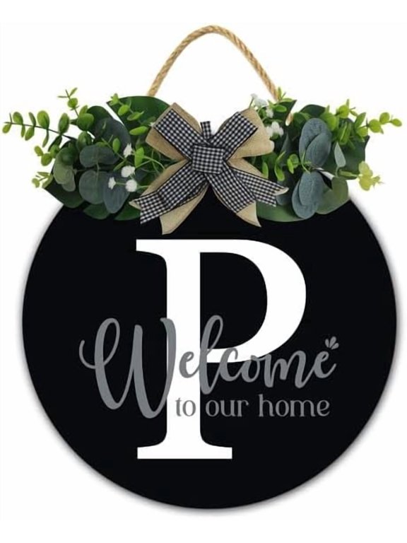 Initial Wreath Letter P - Monogrammed Door Hanger, New Home Housewarming Gift, Family Last Name Initial Front Door Welcome Hanging Sign, 12 IN Last Name All Year Round Porch Wreath