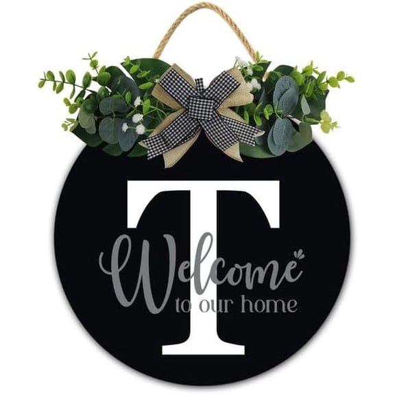 Initial Wreath Letter T - Monogrammed Door Hanger, New Home Housewarming Gift, Family Last Name Initial Front Door Welcome Hanging Sign, 12 IN Last Name All Year Round Porch Wreath