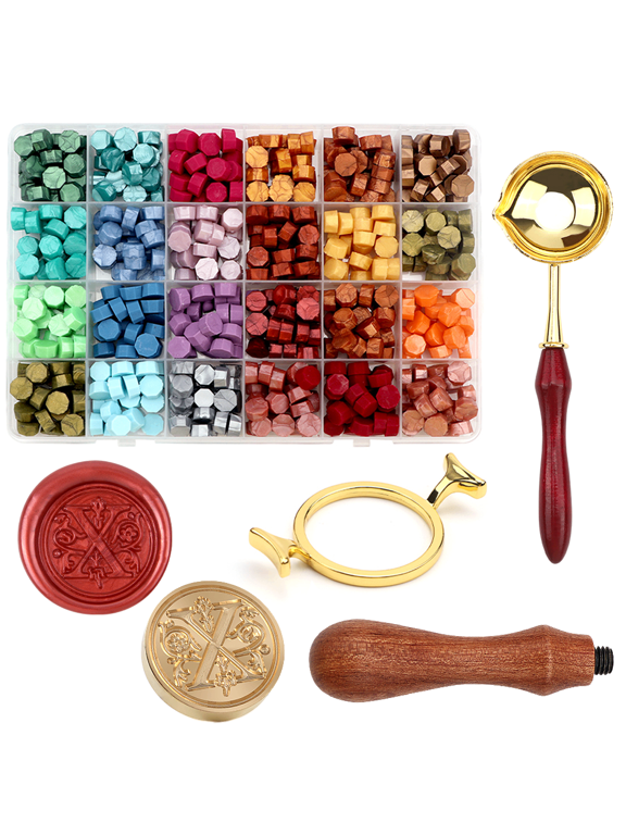 Initial X Wax Seal Stamp Kit, 24‑Color Sealing Wax Beads, Melting Tools, DIY Craft Set for Invitations, Greeting Cards, Parcel Wrapping & Mail Sealing