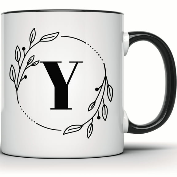 Initial Y Floral Mug - Personalized Coffee Cup - Custom Monogram Gift - Unique Letter Y Mug - Floral Initial Design - 11 Ounce Black Rim Handle Novelty Coffee Cup - WMUG0375-Black Rim