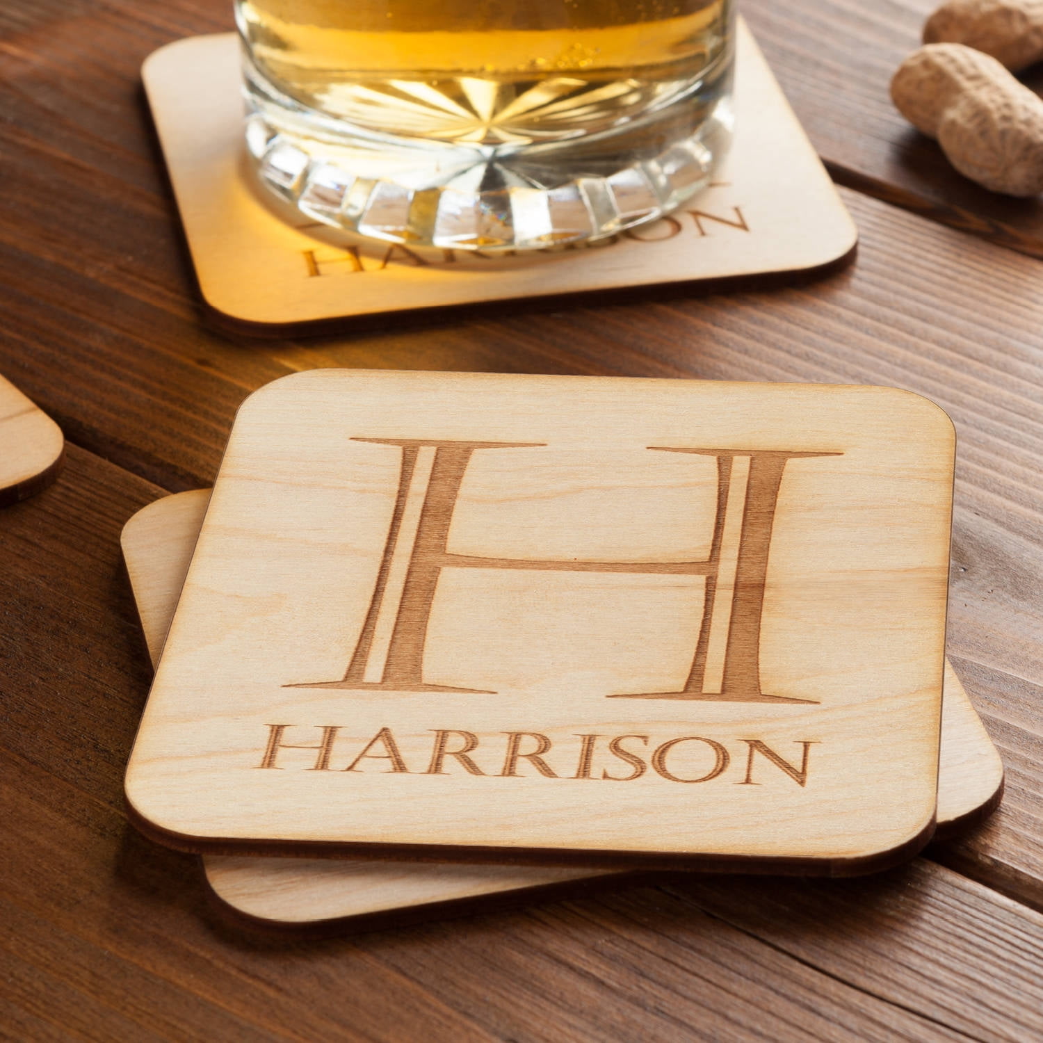 Wood Coasters Set, Natural Wooden Letters Coasters For Drinks, Set Of 4 Woo