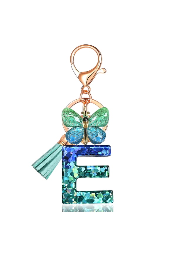 Initial letter Keychains for Women Tassel Butterfly Pink Purple Cute Car Keychain for Wallet Backpack