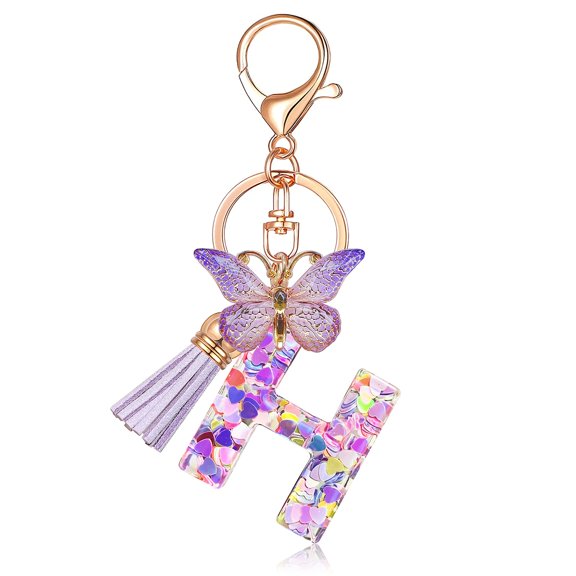 Initial letter Keychains for Women Tassel Butterfly Pink Purple Cute Car Keychain for Wallet Backpack