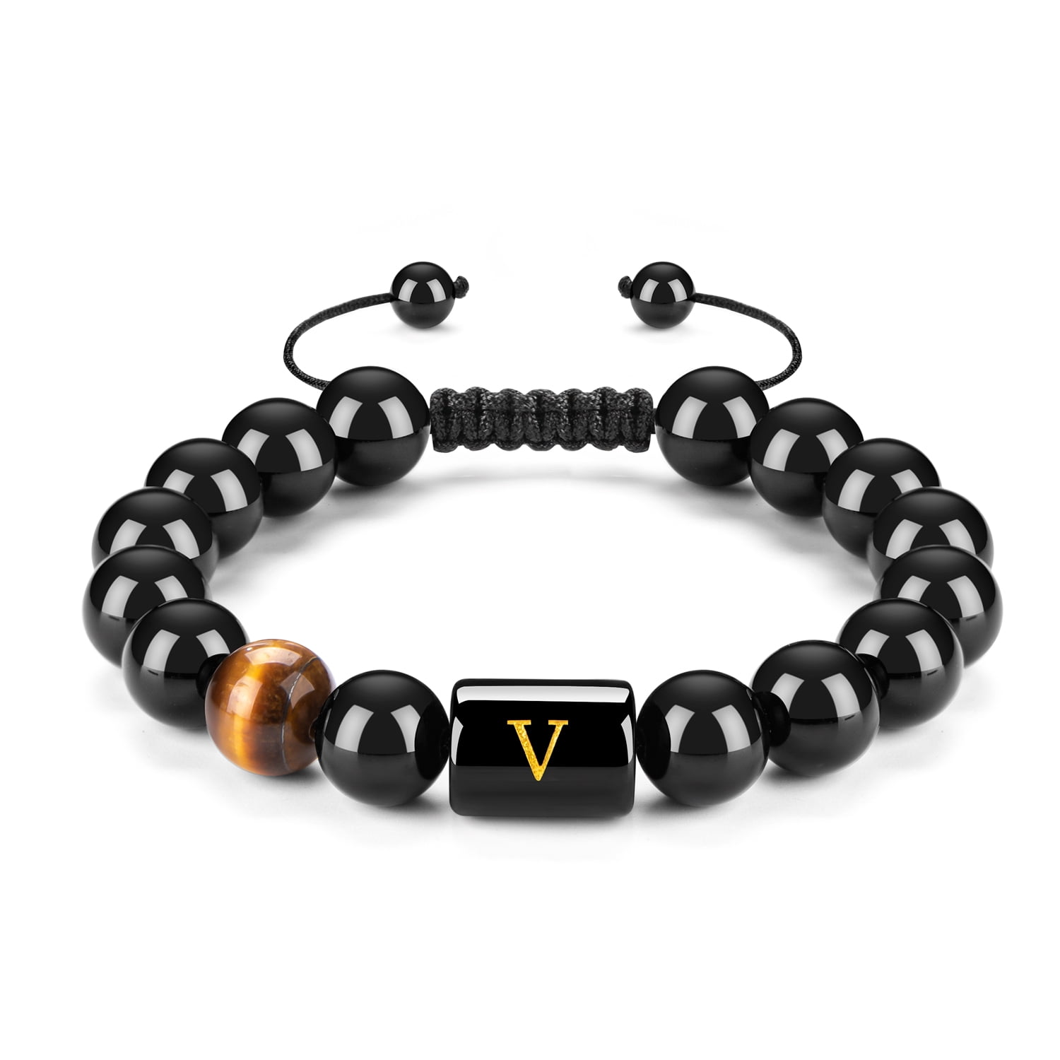 Men's & Women's Custom Initial Bracelet With Black Onyx & Tiger Eye Beads - Adjustable Braided Rope Handmade Design