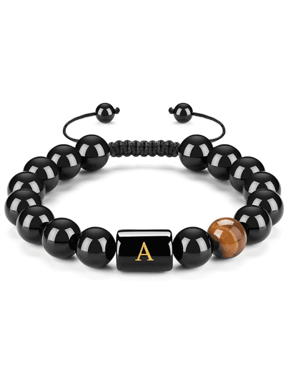 Initials Bracelets for Men Letter Link Handmade Natural Black Onyx Tiger Eye Stone Beads Braided Rope Meaningful Bracelet