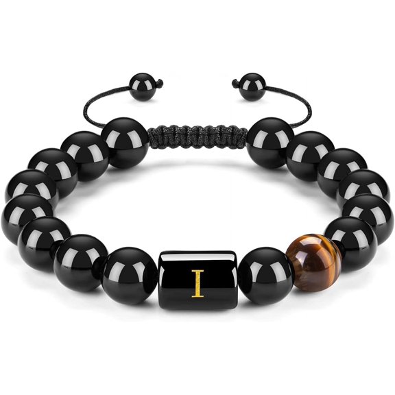 Initials Bracelets for Men Letter Link Handmade Natural Black Onyx Tiger Eye Stone Beads Braided Rope Meaningful Bracelet