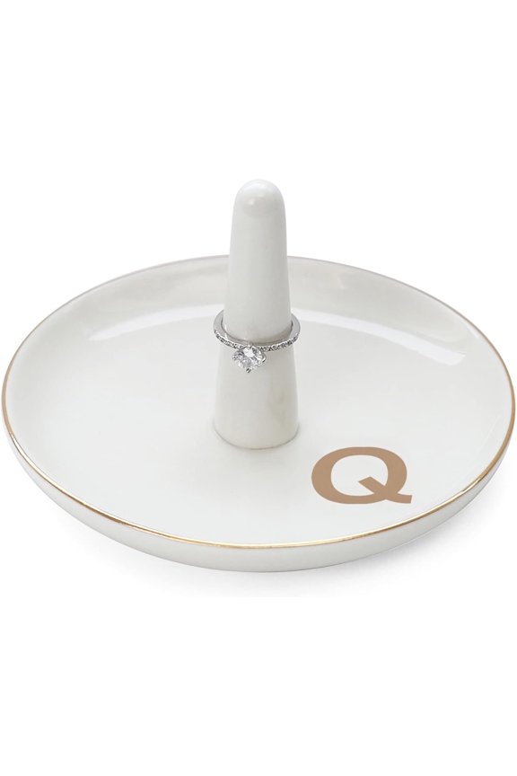 Initials Ring Holder Jewery Tray with personalized Q-Monogrammed Engagement Gifts for ,Birthday Mother's Day Christmas Gifts for Women,Ceramic White