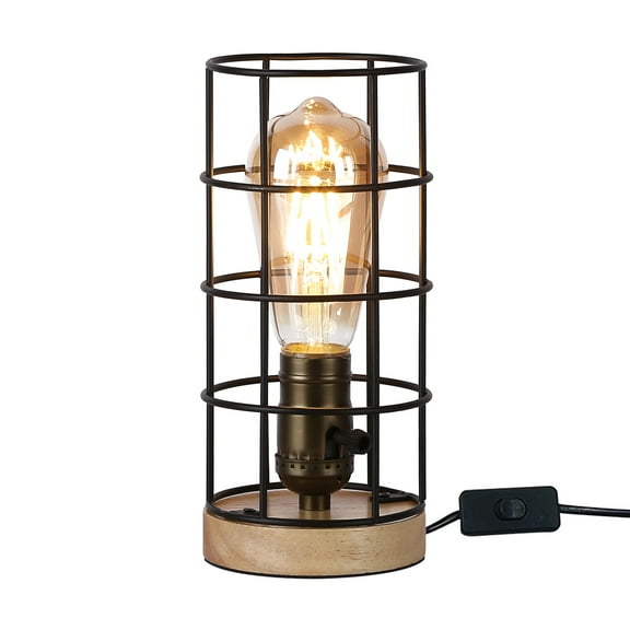 Injak 7.68" Vintage Wooden Base Metal Cage Table Lamp
