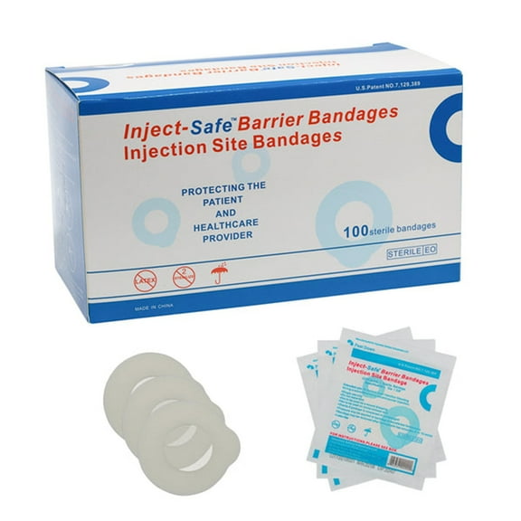 Inject-Safe Sterile White Round Injection Barrier Strip Bandages, 1.375 inches, 100 Count, 1 Pack