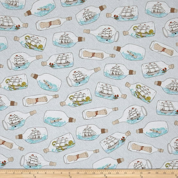Ink & Arrow Fabrics Quilt Fabrics QT Quilt Fabrics In Deep Ship Ships In Bottles White, Waterfall 100% Cotton Fabric sold by the yard