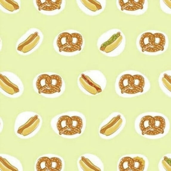 Ink & Arrow city life Pretzels and hot dogs green 100% Cotton Fabric sold by the yard