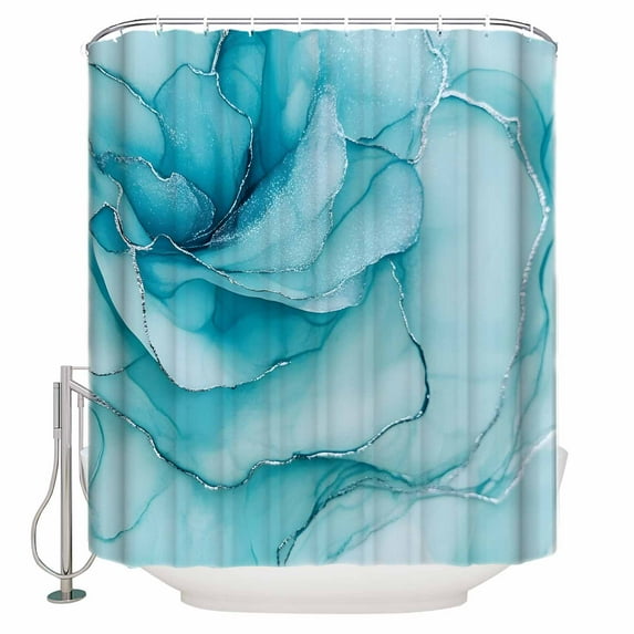 Ink Art Shower Curtain, 66" x 72", Modern Blue Rose Shape Light Blue Lines Waterproof Bathroom Curtain Washable Shower Curtain Set with 12 Hooks