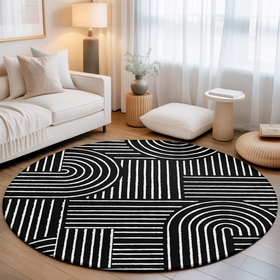 Ink Black Arches 5' Round Rug for Dining Table for 4 People Under Table Placement, Abstract Modern Minimalist Curves Line Geometric Washable Non Slip Circle Area Rug