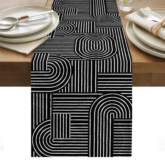 Ink Black Arches Cotton Linen Table Runner Abstract Modern Minimalist Curves Line Geometric Dining Table Runners for Home Decor Party Dining Room Restaurant Kitchen Party 13" x 36"