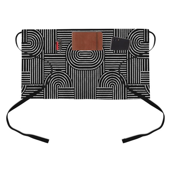 Ink Black Arches Kitchen Restaurant Half Waist Apron, Abstract Modern Minimalist Curves Line Geometric Server Short Apron with 3 Pockets Waterproof Oil Waist Aprons for Women Waitress Waiter