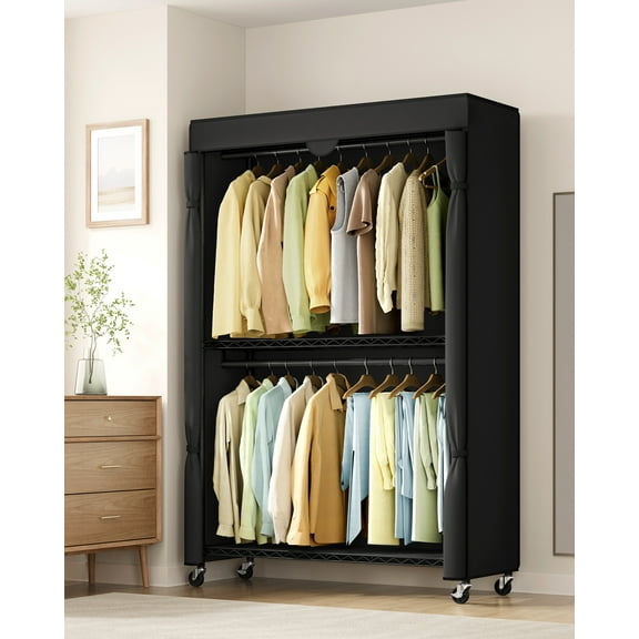 Ink Black Heavy - Duty Rolling Portable Closet - 43.3 - Inch Wide. Features Adjustable Mesh Shelves, Hanging Rails & Fabric Cover