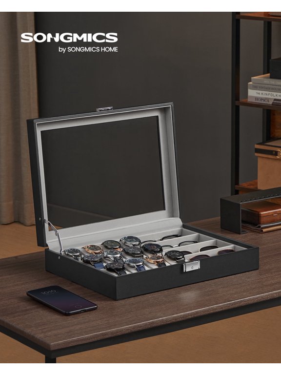 Ink Black Lockable 16-Slot Watch Box with Glass Lid - Made of Synthetic Leather, Dove Gray Lining, Ideal Gift Idea for Watch Storage