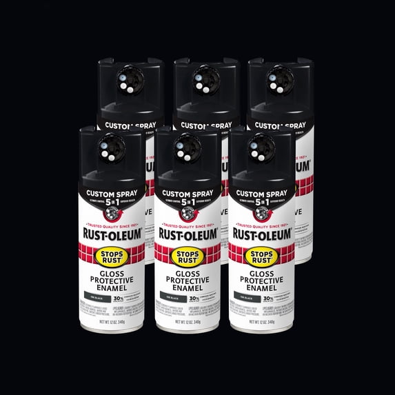 6 Pack, Ink Black, Rust-Oleum Stops Rust Custom Spray 5 in 1 Gloss Spray Paint-380397, 12 oz