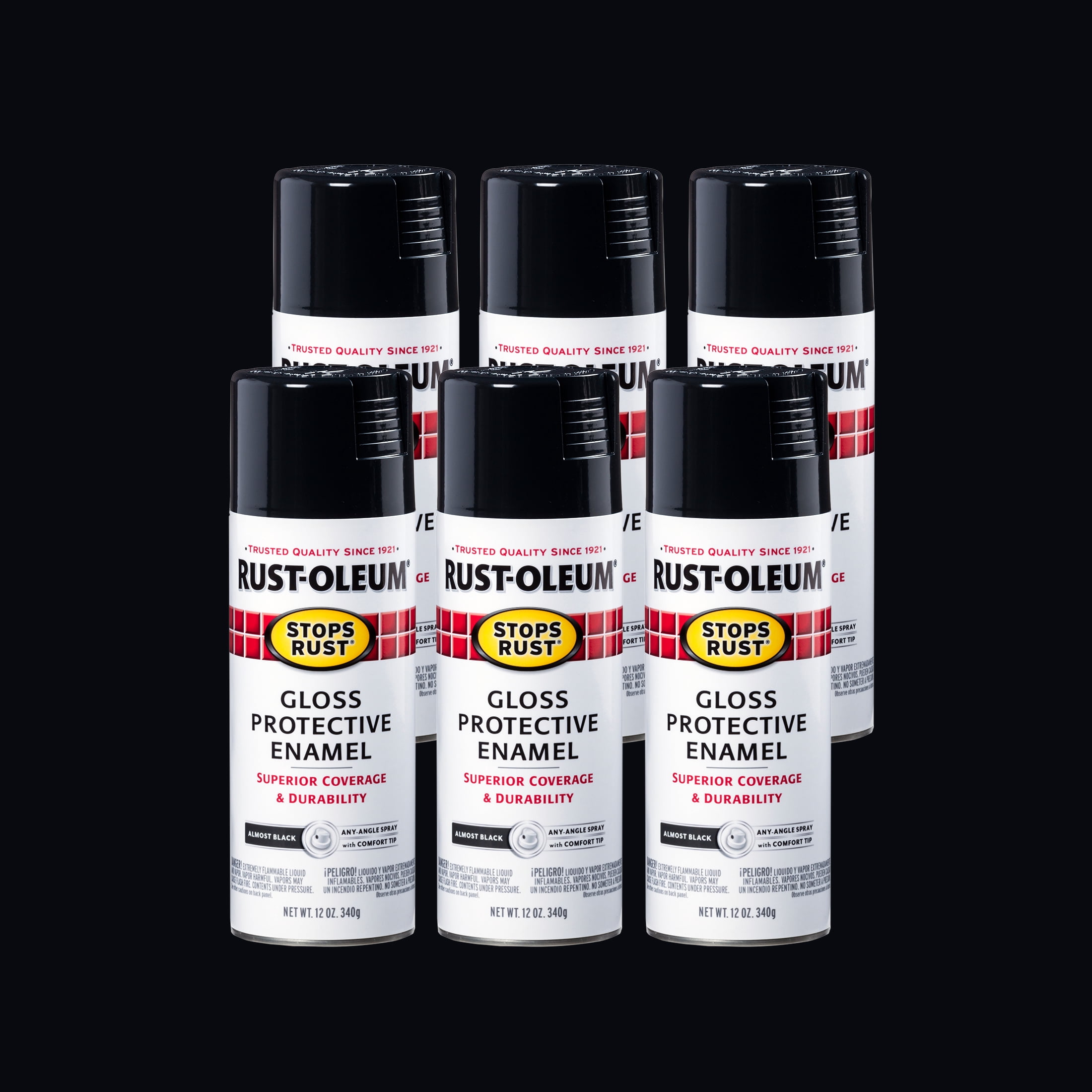 Ink Black, Rust-Oleum Stops Rust Gloss Protective Enamel Spray Paint, 12 oz, 6 Pack