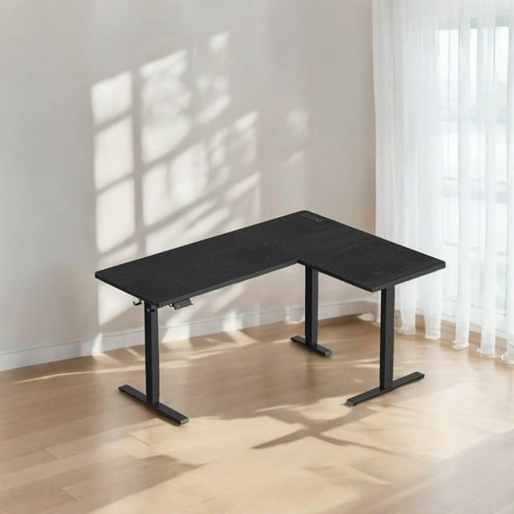 Ink Black Shaped Electric Standing Desk, 63 x 47.2 inches. A height - adjustable corner desk with power outlets and 2 memory buttons.