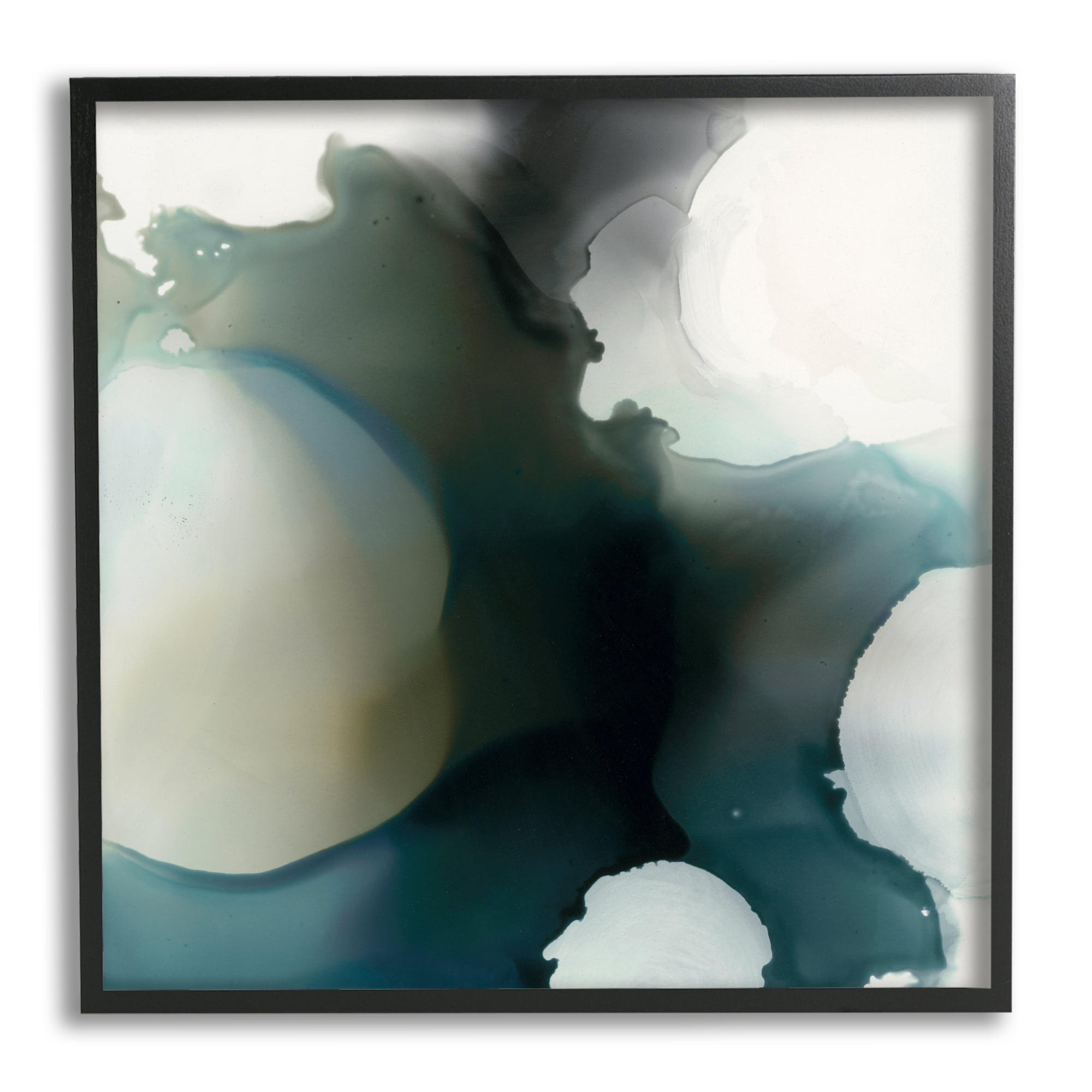 Ink Blot Abstraction Dark Grey Blue Distorted Shapes Abstract Framed Art Print Wall Art, 17x17
