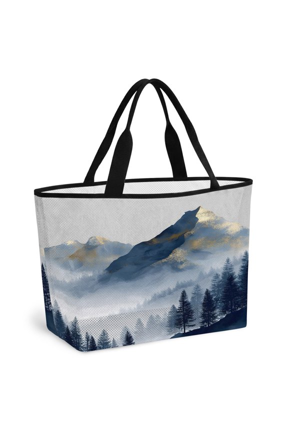 Ink Blue Misty Peak Beach Bag for Women, Large Breathable Mesh Beach Tote Bag, Pine Forest Nature Clouds Sandproof Lightweight Travel Bags for Vacation Picnic Swimming Pool 15.7"x15.7"x9.1"