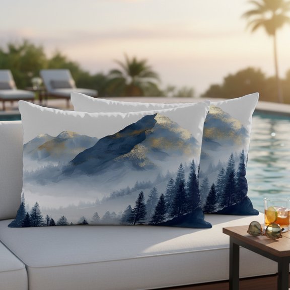 Ink Blue Misty Peak Outdoor Pillow Covers 20x12 Inch Lumbar Pillow Covers Set of 2 Waterproof Decorative Throw Pillow Cases Pine Forest Nature Clouds Cushion Covers for Patio Furniture Garden Couch