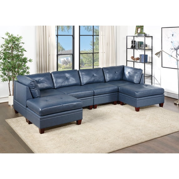 Ink Blue Top Grain Leather 6p U-Sectional Sofa Contemporary Living Room Furniture Wedge Ottoman Armless Chair Cushion Couch