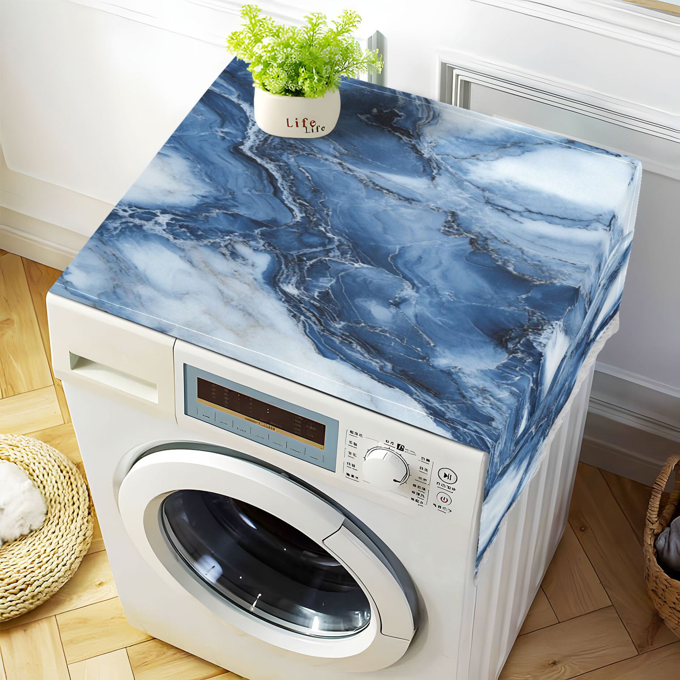 Ink Blue White MarbleWasher and Dryer Covers Dust-Proof and Oil Resistant Fridge Cover with 4 Storage Pockets Washing Machine Top Cover for Laundry Kitchen Home 51.2 x 22 In