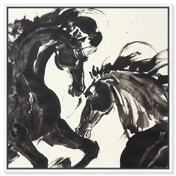 Ink Brush Horses Masculine Abstract Man Cave Canvas Wall Art by Notoriart, White Floater Frame, 40"x40"