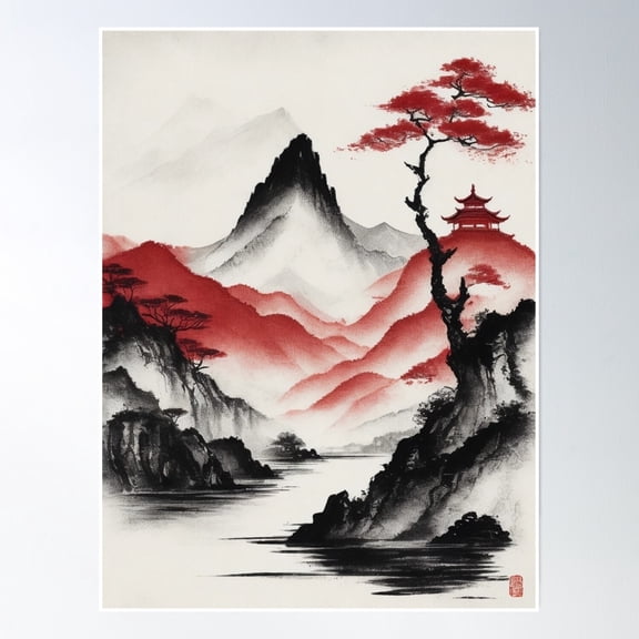 Ink-Brushed Elegance: Mountains Of Tranquility Poster Wall Art, Modern Wall Decor, 8x12 UNFRAMED