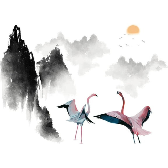 Ink Chinese Style Flamingo and Flying Birds Wall Stickers Removable DIY Wall Art Decor Decals Murals for Offices Home Walls Bedroom Living Room Wall Decaoration