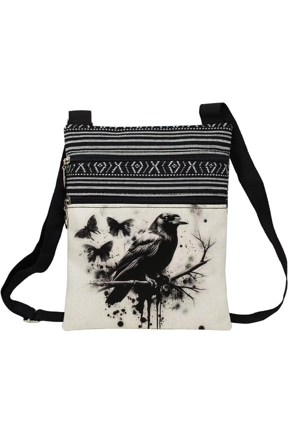 Ink Crow Messenger Bag Small Ethnic Printed Adjustable Strap Crossbody Zipper Bag Ink Crow Phone Bag Wallet Cute Handbag for Women -2