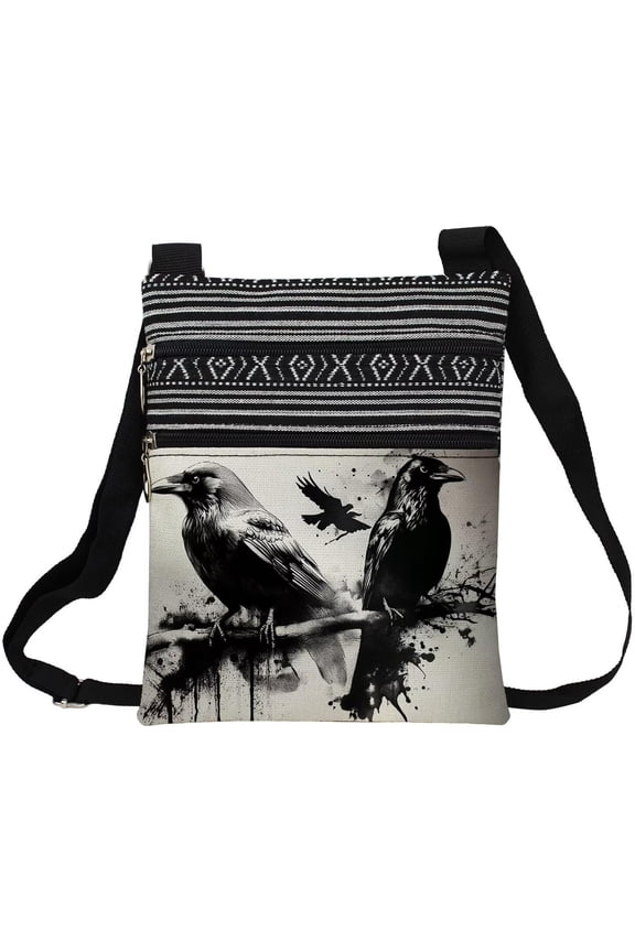 Ink Crow Messenger Bag Small Ethnic Printed Adjustable Strap Crossbody Zipper Bag Ink Crow Phone Bag Wallet Cute Handbag for Women -5