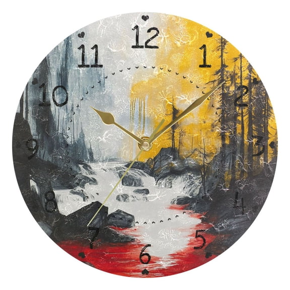 Ink Drawing Of Forest with River Round Wall Clock Silent Battery Operated Home Decor for Living Room Bedroom