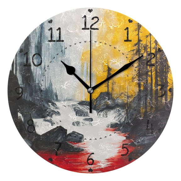 Ink Drawing Of Forest with River Round Wall Clock Silent Battery Operated Home Decor for Living Room Bedroom