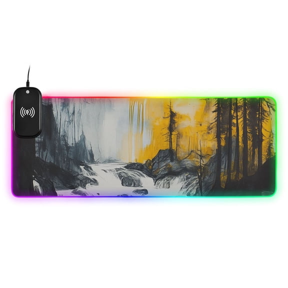 Ink Drawing Of Forest with River Wireless Charging RGB Gaming Mouse Pad Large Keyboard Mat Rubber Base 13 Light Modes
