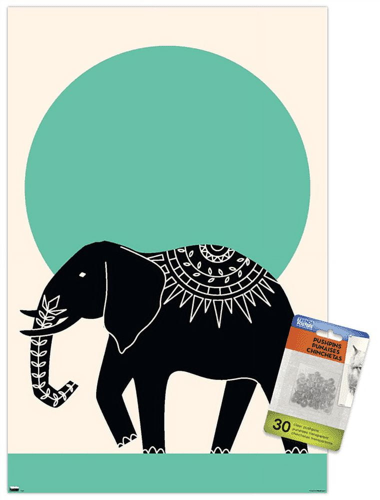 Ink Elephant Wall Poster with Pushpins, 14.725" x 22.375"