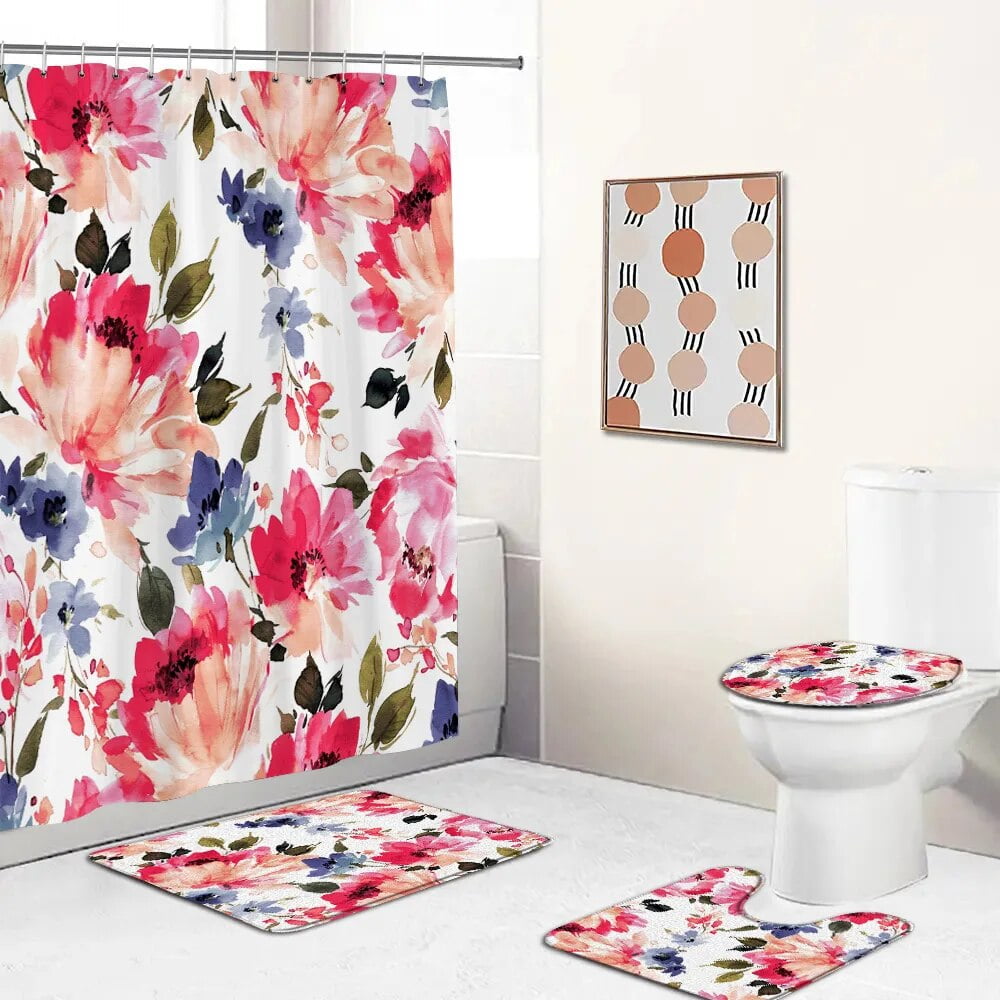 Ink Floral Shower Curtains Colorful Leaves Bath Mat Set Bathroom ...