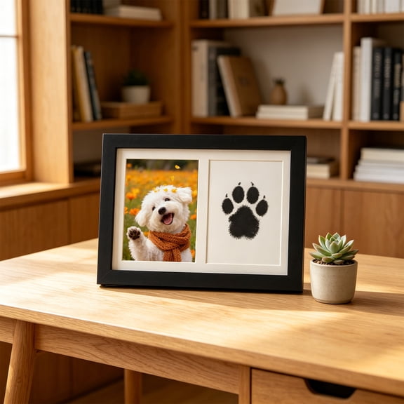 Ink Free Paw Print Photo Frame Kit with Double Opening 7 Inch Wooden Keepsake Frame for Cats and Dogs Memorial and Pet Photos