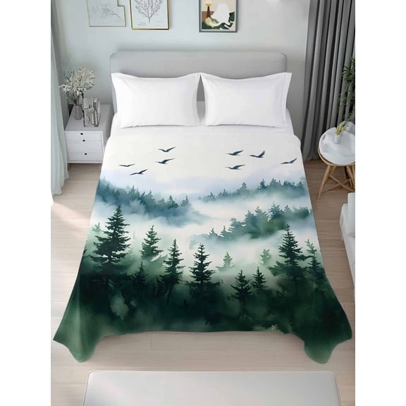 Ink Green Forest King Size Flat Sheet, Wrinkleproof & Fadeproof Cooling Flat Bed Sheet Only, Watercolor Modern Mountain Breathable Soft Bedding Top Sheets 105 x 98 Inches