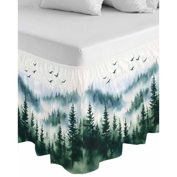 Ink Green Forest Wrap Around Bed Skirts for California King Bed 16" Drop,Bed Skirt with Adjustable Elastic Belt Dust Ruffle Bed Valance for Bedroom Hotel Watercolor Modern Mountain Bed Frame Cover