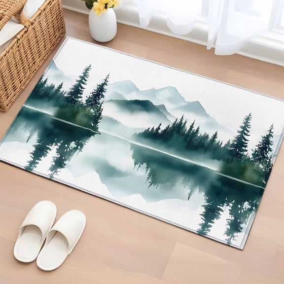 Ink Green Lake Forest Bathroom Rug Washable 2x3 Entryway Rug Non Slip Modern Art Abstract Landscape Front Door Mat Low Pile Indoor Doormat Throw Floor Carpet for Kitchen Bedroom Entrance