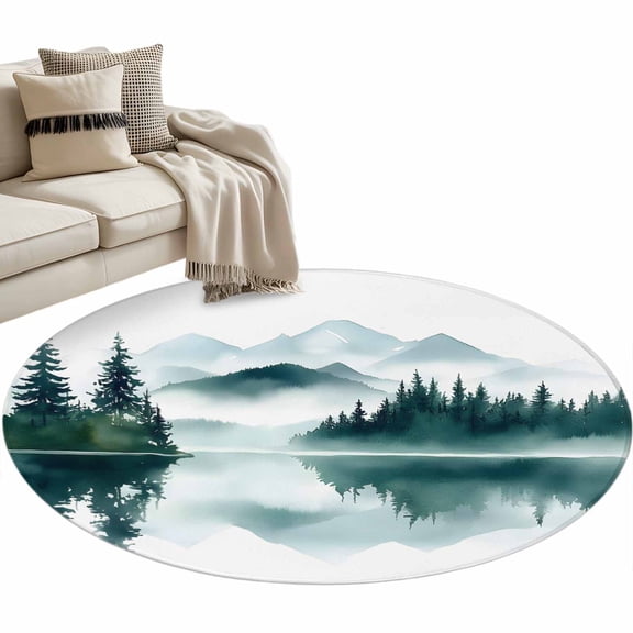Ink Green Lake Forest Round Rug 3ft Area Rug Washable Soft Non-Slip 3' Circle Low Pile Rugs Modern Art Abstract Landscape Carpet for Bedroom Living Room Entryway Home Office Dining Room