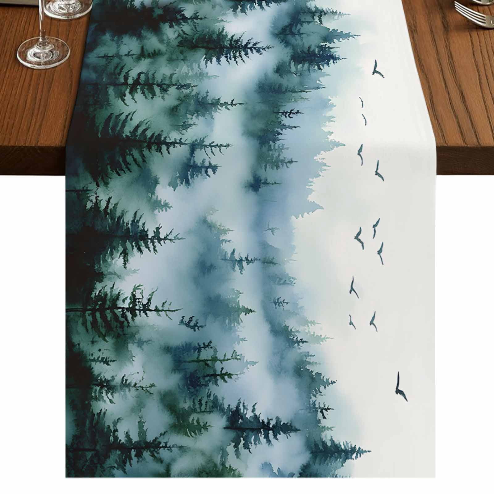 Ink Green Ombre Forest 60 Inch Table Runner, Abstract Art Watercolor ...