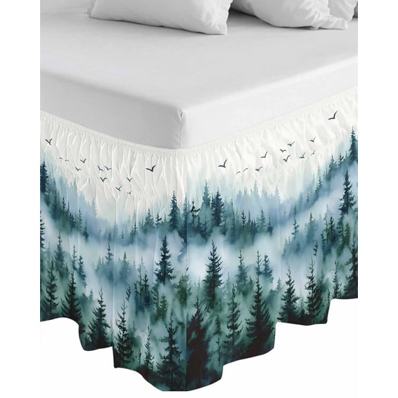 Ink Green Ombre Forest Wrap Around Bed Skirts for Queen Bed 16" Drop,Bed Skirt with Adjustable Elastic Belt Dust Ruffle Bed Valance for Bedroom Hotel Abstract Art Watercolor Tree Bed Frame Cover