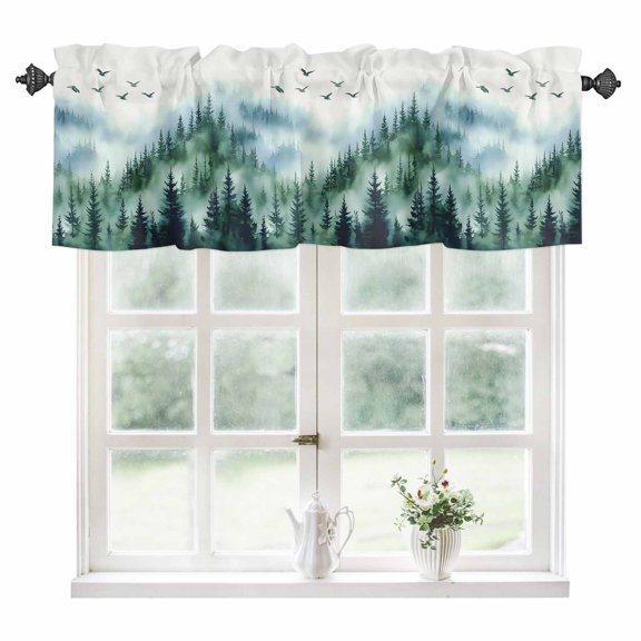 Ink Green Ombre Tree Kitchen Valances for Windows 42x12 Inch Kitchen Curtains Valances Rod Pocket Watercolor Forest Art Bathroom Window Valances for Window Treatment Decor